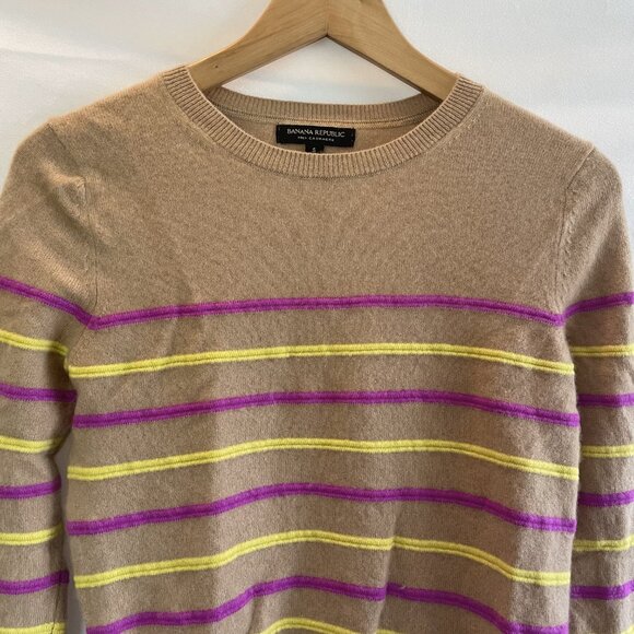 Banana Republic Striped 100% Cashmere Crew Neck Sweater Small Camel Brown - Picture 4 of 10